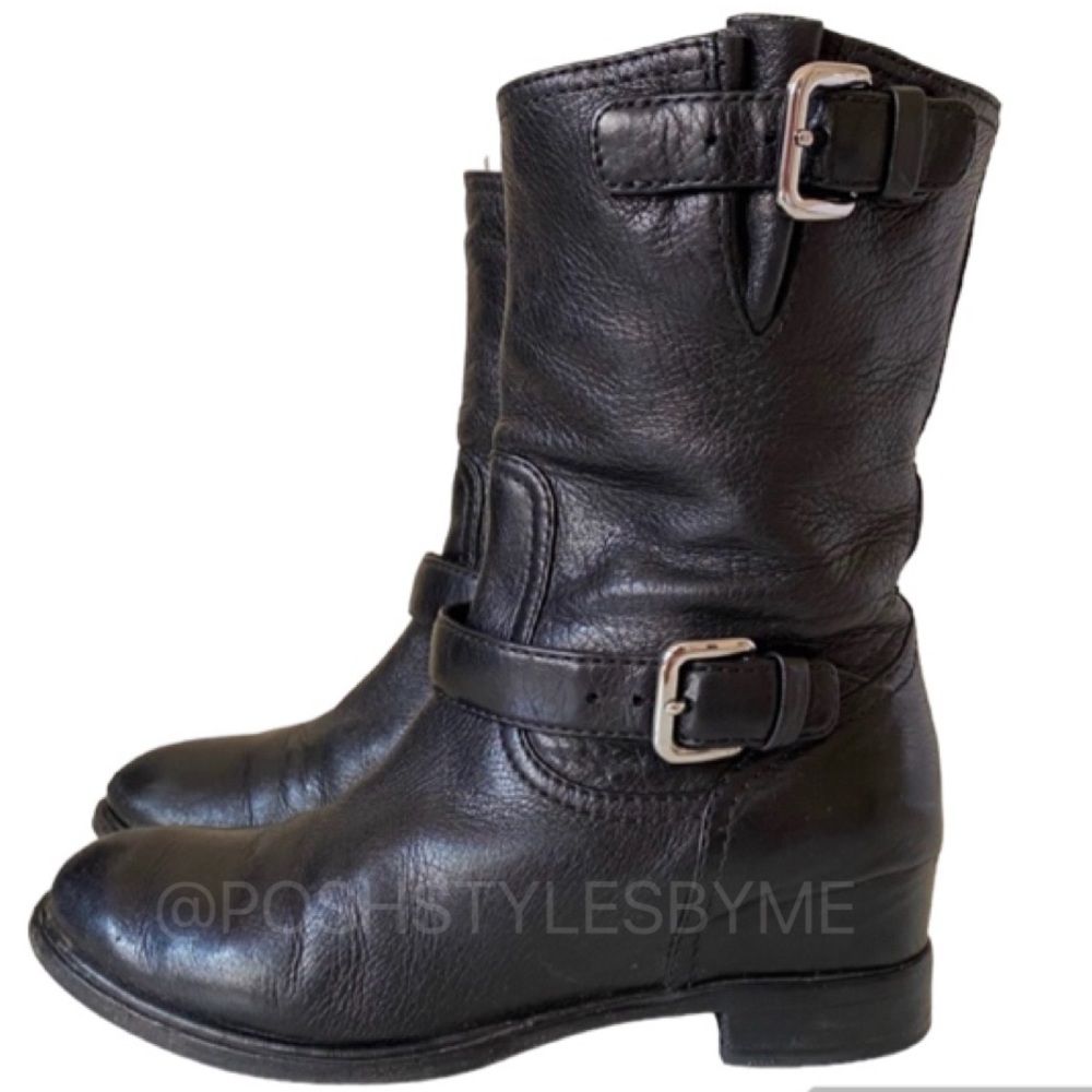 Authentic Vintage Prada Calzature Black Leather Double Buckle Moto Ankle Boots
